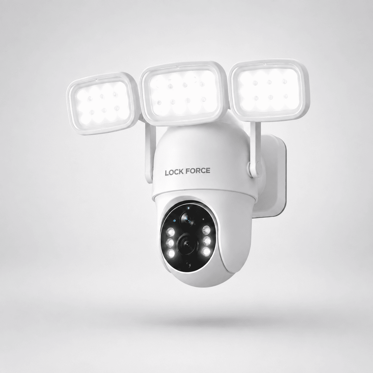 Lock Force Flutlichtkamera mit drei LED-Strahlern und schwenkbarer Kamera, montiert unter einem Dachvorsprung bei Dämmerung