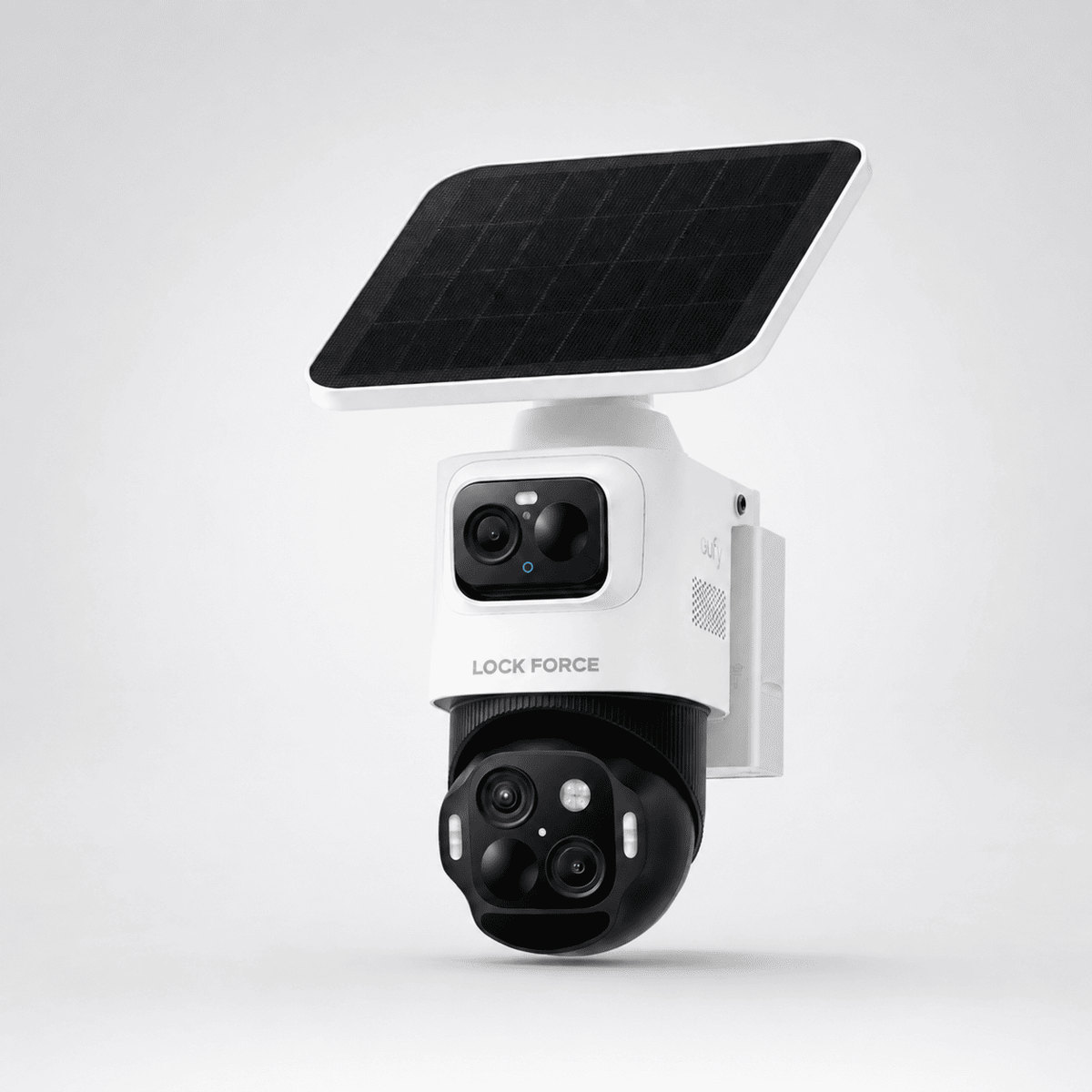 Lock Force Überwachungskamera mit Solarpanel und Dual-Kamera-Kopf vor weißem Hintergrund