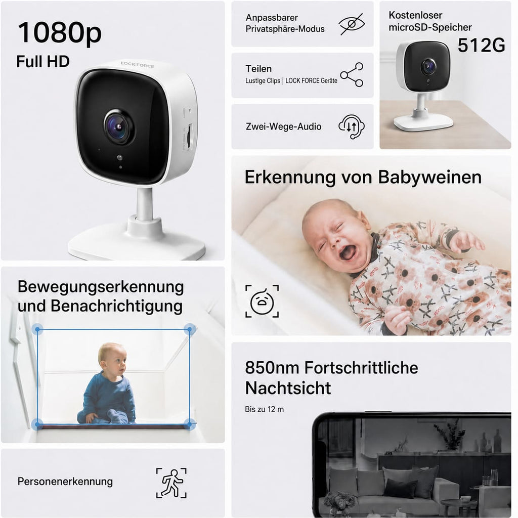 Lock Force Kamera Übersicht 1080p Full HD, Erkennung von Babyweinen und 850nm Nachtsicht