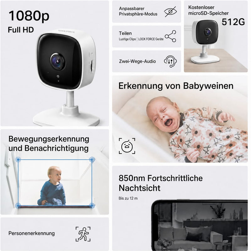 Lock Force Kamera Übersicht 1080p Full HD, Erkennung von Babyweinen und 850nm Nachtsicht