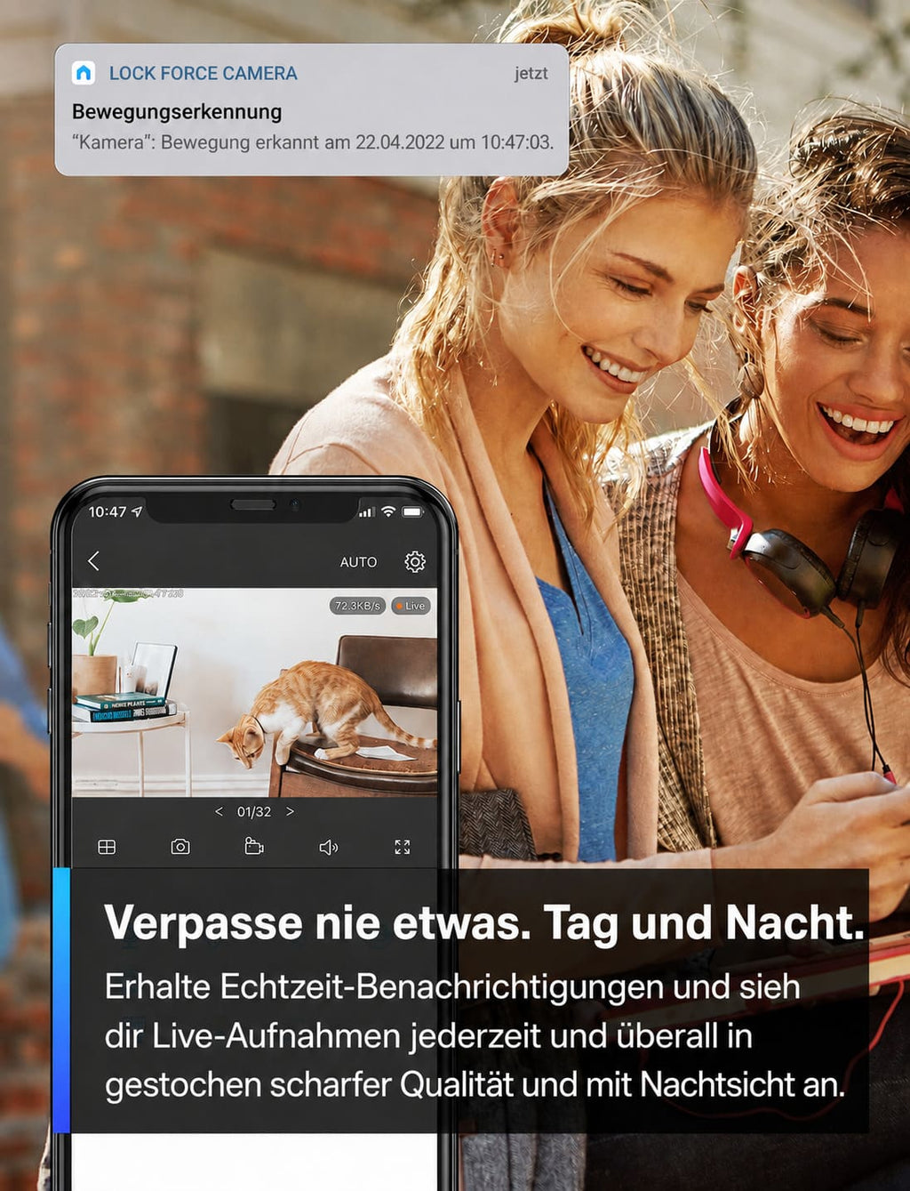 Lock Force Kamera Bewegungserkennung mit Echtzeit-Benachrichtigung auf dem Smartphone