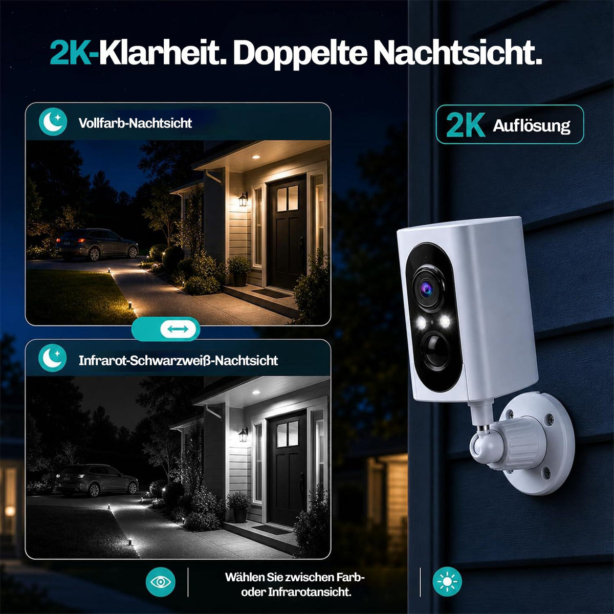 Lock Force Kamera Vergleich Vollfarb-Nachtsicht und Infrarot-Nachtsicht in 2K an der Hauswand