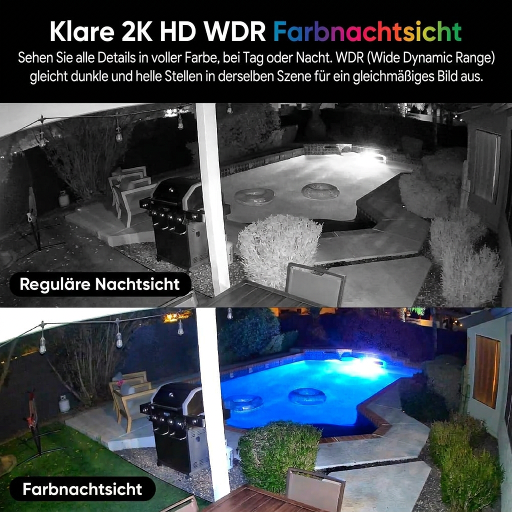 Lock Force Duo Cam Pan Vergleich reguläre Nachtsicht und 2K HD WDR Farbnachtsicht am Pool