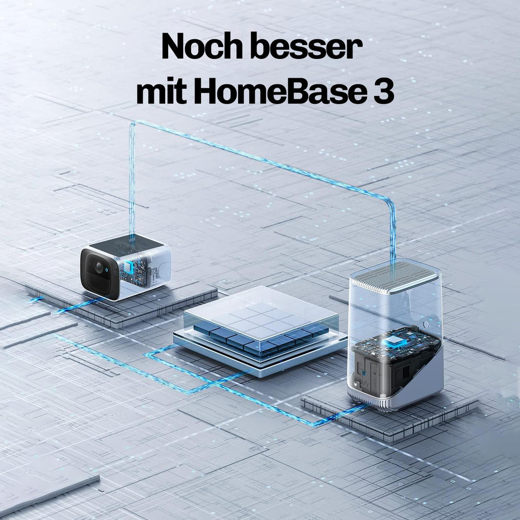 Lock Force 2K Kamera und Basisstation im technischen Explosionsdiagramm mit Solarpanel
