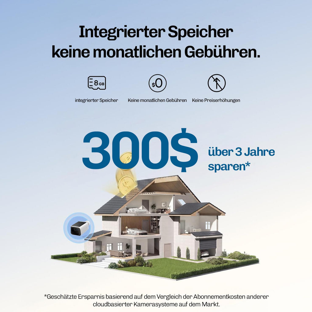 Hausdarstellung mit Lock Force 2K Kamera, 8GB Speicher und 300 Dollar Ersparnis über drei Jahre