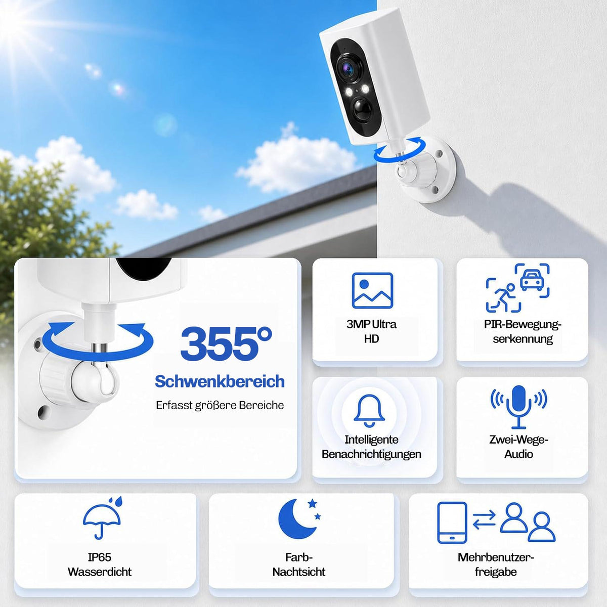 Lock Force Kamera mit 355° Schwenkbereich, 3MP Ultra HD und PIR-Bewegungserkennung