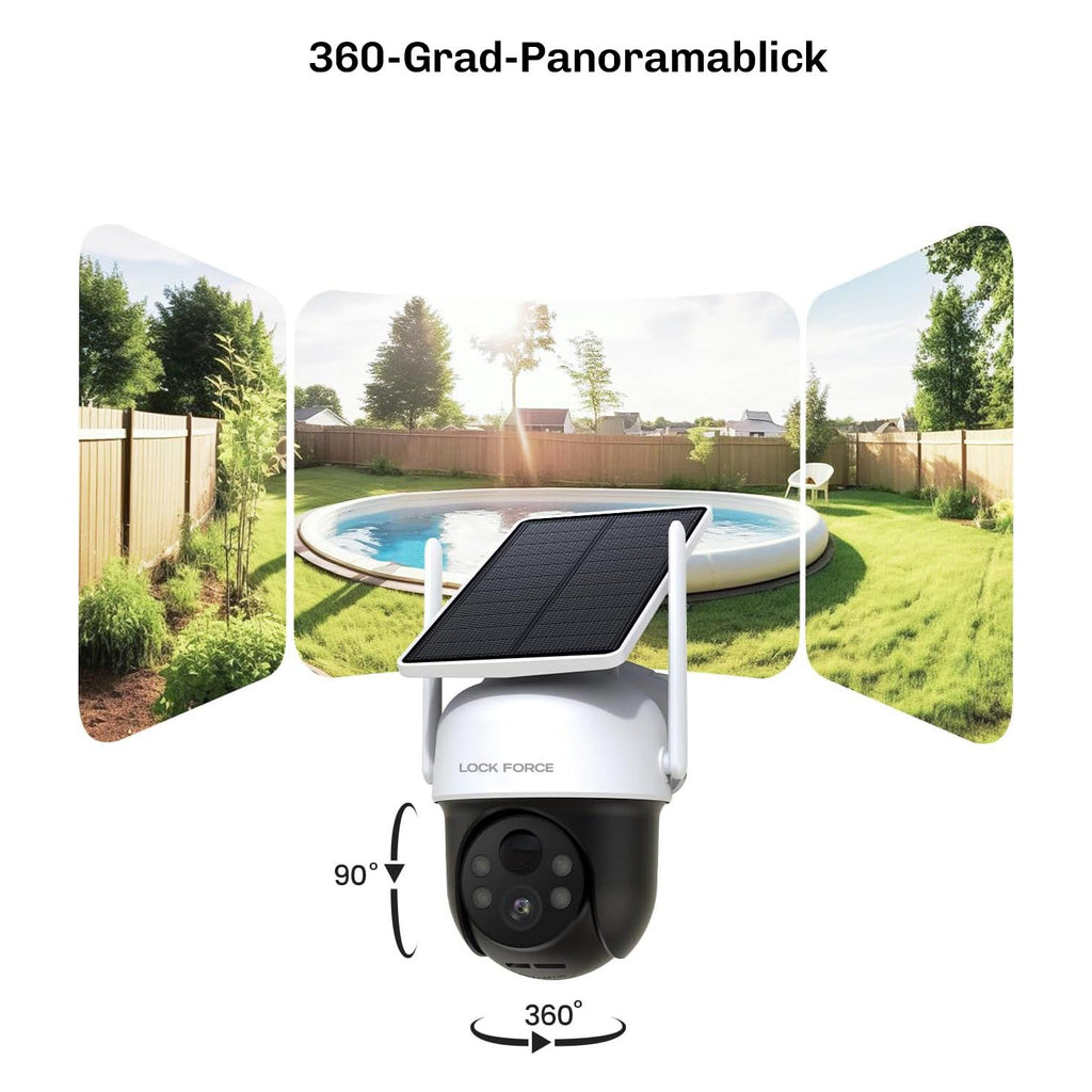 Lock Force Solarkamera mit 360° horizontalem und 90° vertikalem Schwenkbereich über Pool und Garten