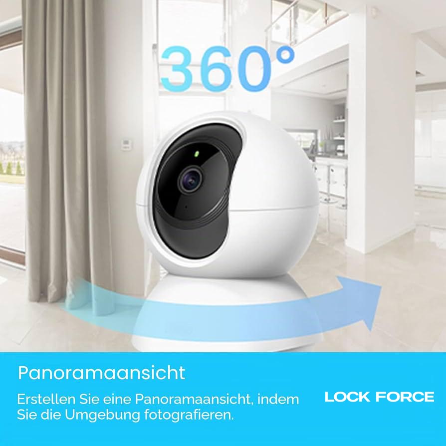 Lock Force Kamera mit 360° Panoramaansicht im Wohnzimmer, weiß mit schwarzer Linse