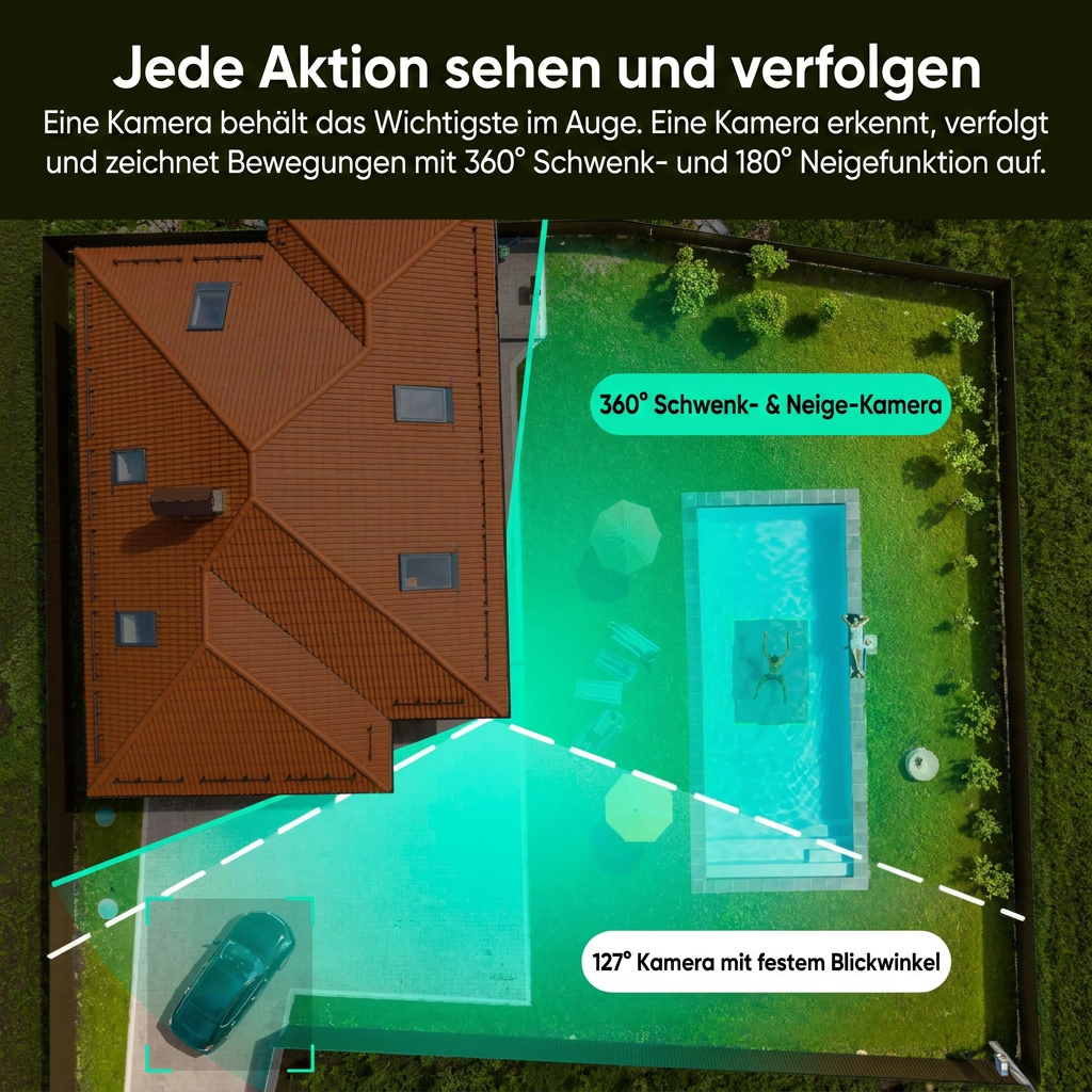 Lock Force Duo Cam Pan Draufsicht auf Garten mit 360° Schwenk- und 180° Neigefunktion