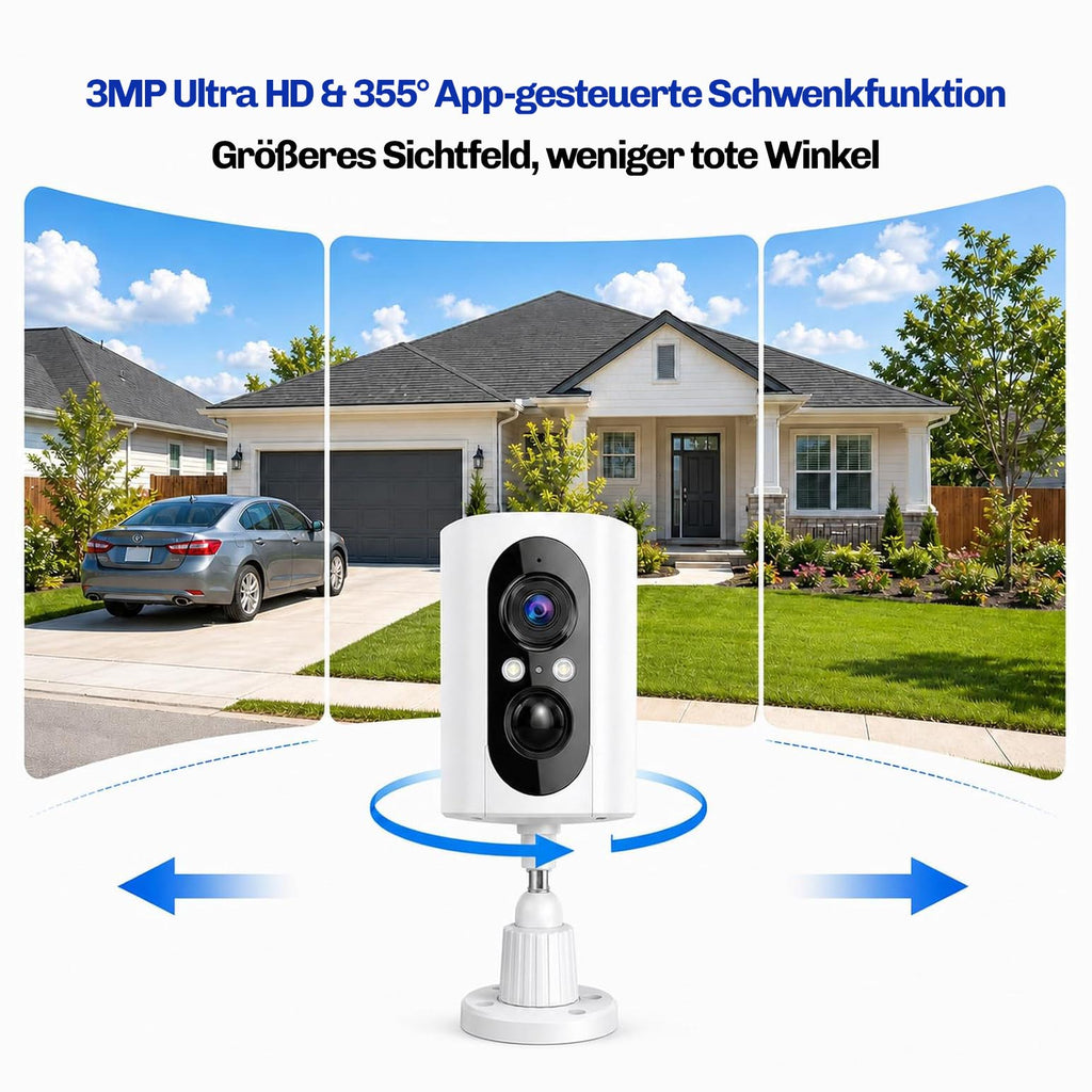 Lock Force Kamera mit 3MP Ultra HD und 355° App-gesteuerter Schwenkfunktion vor Einfamilienhaus