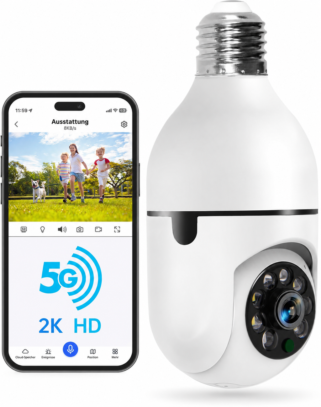 Lock Force Kamera mit Smartphone-App-Ansicht, unterstützt 2K HD und 5G-WLAN