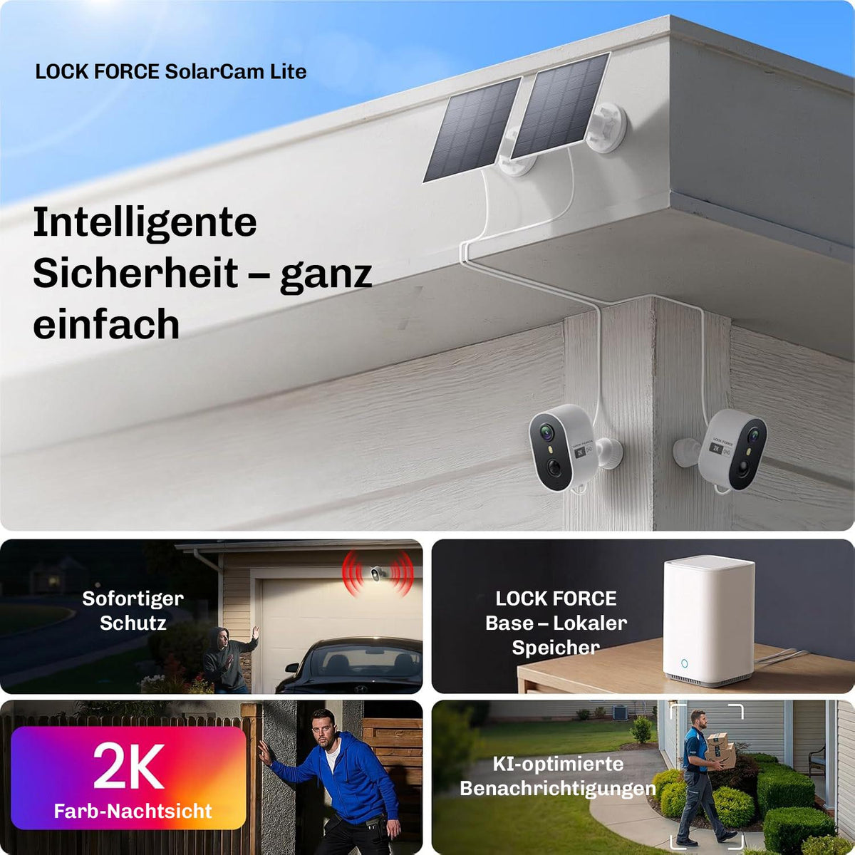 Smartphone zeigt Lock Force App mit zwei Kamera-Livebildern in 2K-Auflösung gleichzeitig