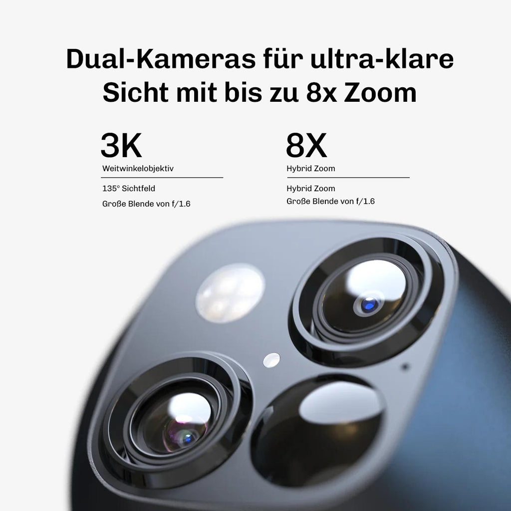 Nahaufnahme von Dual-Kamera-Objektiven mit 3K Weitwinkel und 8-fachem Hybrid-Zoom