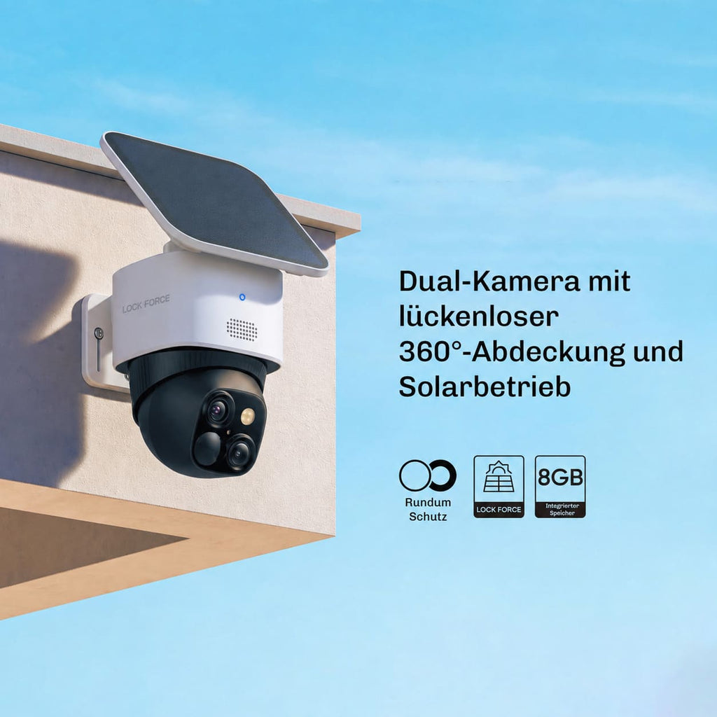 Lock Force Dual-Kamera an Hauswand montiert mit Solarpanel, Rundumschutz und 8GB integriertem Speicher