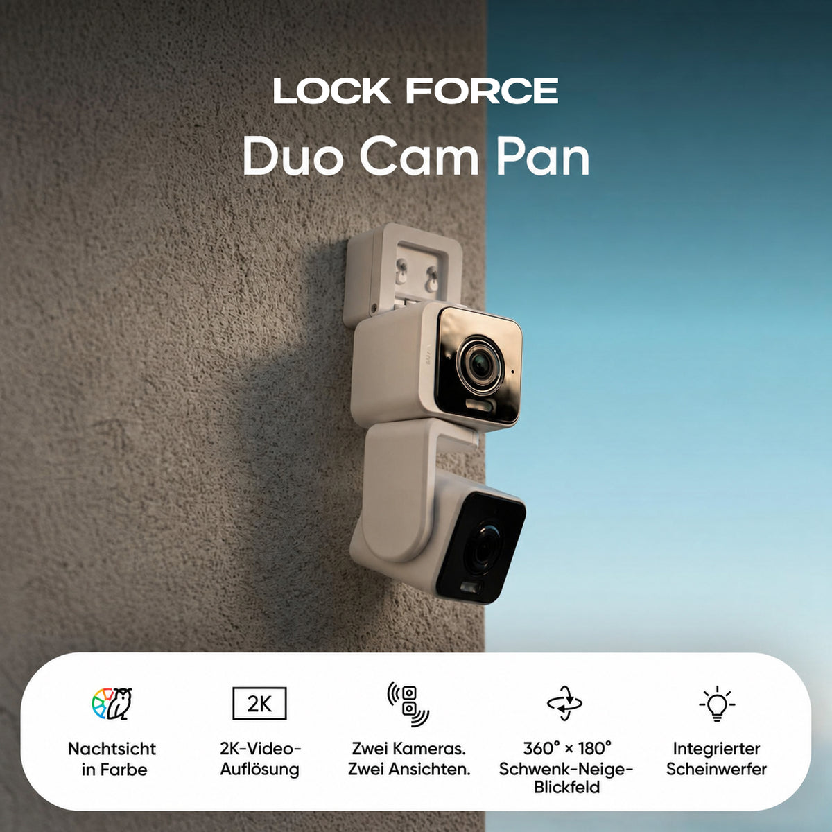 Lock Force Duo Cam Pan mit zwei Kameras, 2K-Auflösung und 360°x180° Schwenk-Neige-Blickfeld