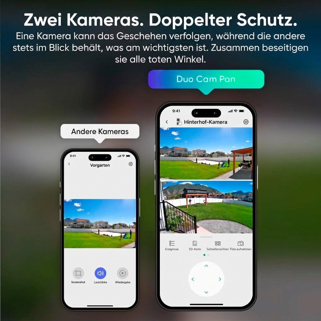 Lock Force Duo Cam Pan App-Ansicht mit zwei Kameraperspektiven für doppelten Schutz