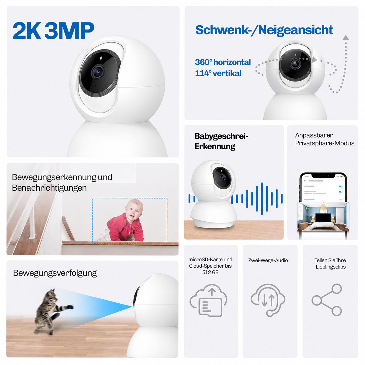 Lock Force Kamera mit Erkennung von Babyweinen, Zwei-Wege-Audio und 512 GB Cloud-Speicher