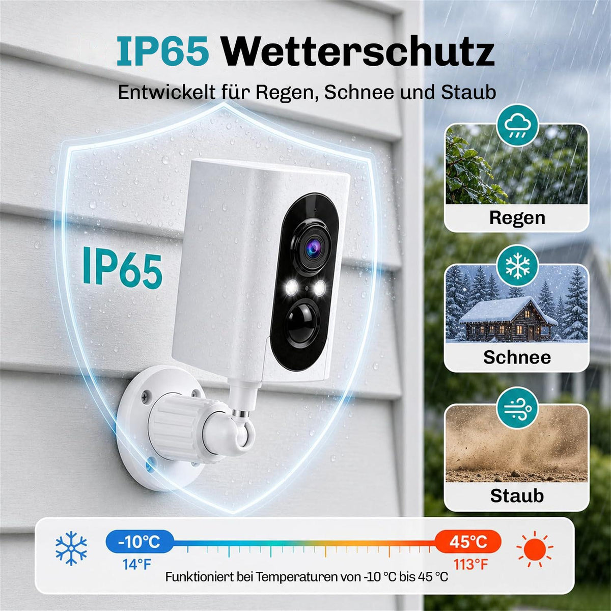 Lock Force Kamera IP65 Wetterschutz für Regen, Schnee und Staub, -10°C bis 45°C
