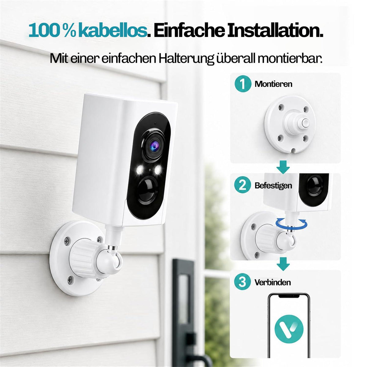 Lock Force Kamera 100 Prozent kabellos, Installation in drei Schritten an der Hauswand