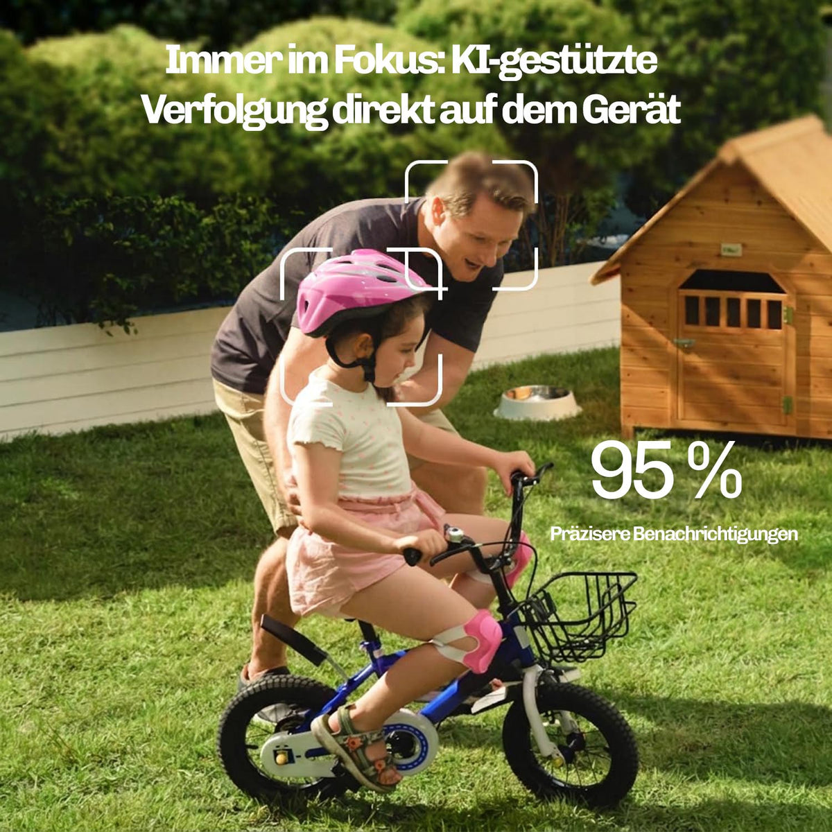 Vater und Tochter beim Radfahren im Garten mit KI-Erkennung und präziseren Benachrichtigungen der Lock Force Kamera