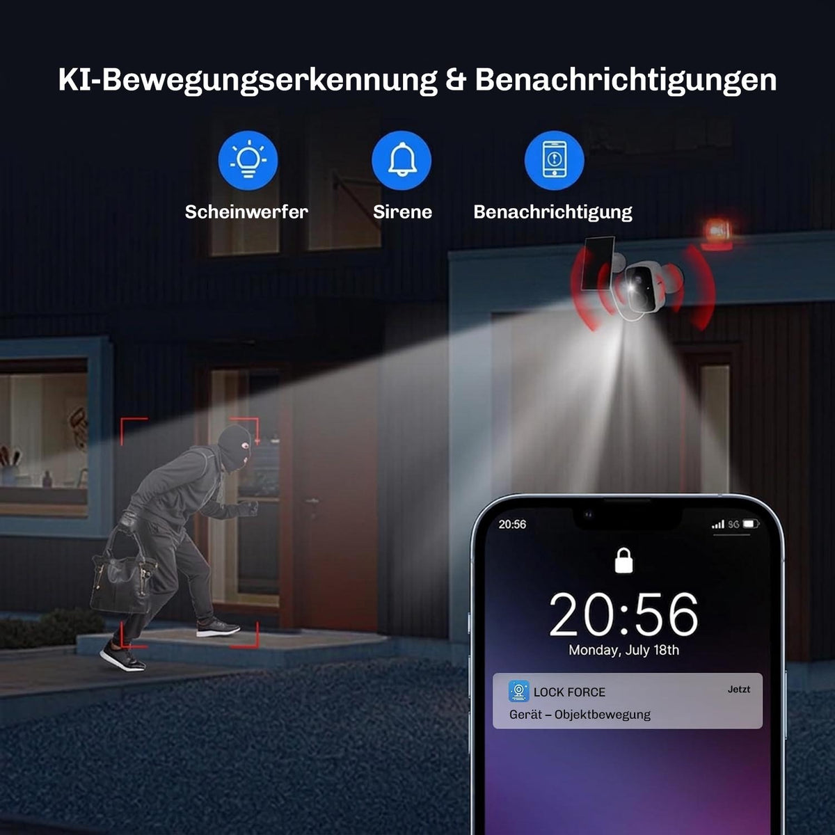 Lock Force Solarkamera erkennt Einbrecher nachts und aktiviert Scheinwerfer, Sirene und Smartphone-Benachrichtigung