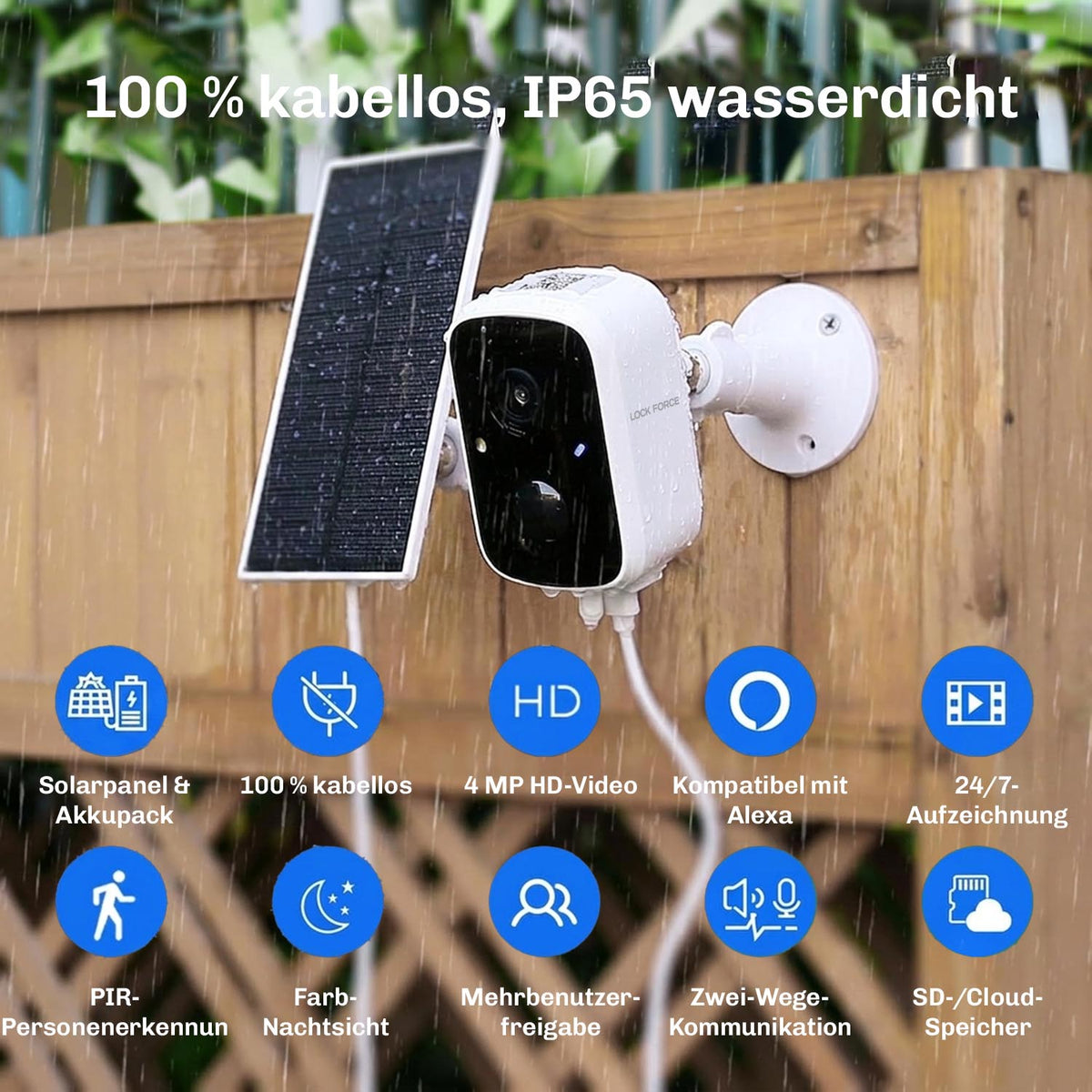 Lock Force Solarkamera im Regen mit Funktionsübersicht: Alexa, HD-Video, Nachtsicht, SD-/Cloud-Speicher