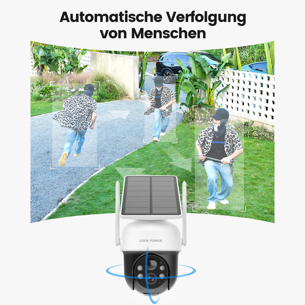 Lock Force Solarkamera mit KI-Erkennung, Weißlicht und Alarmsignal bei nächtlicher Bewegung