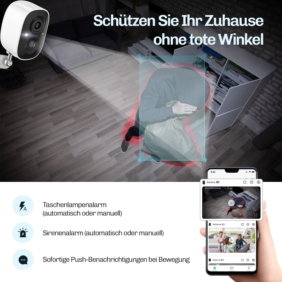 Lock Force Kamera erkennt Eindringling nachts, mit Taschenlampen- und Sirenenalarm