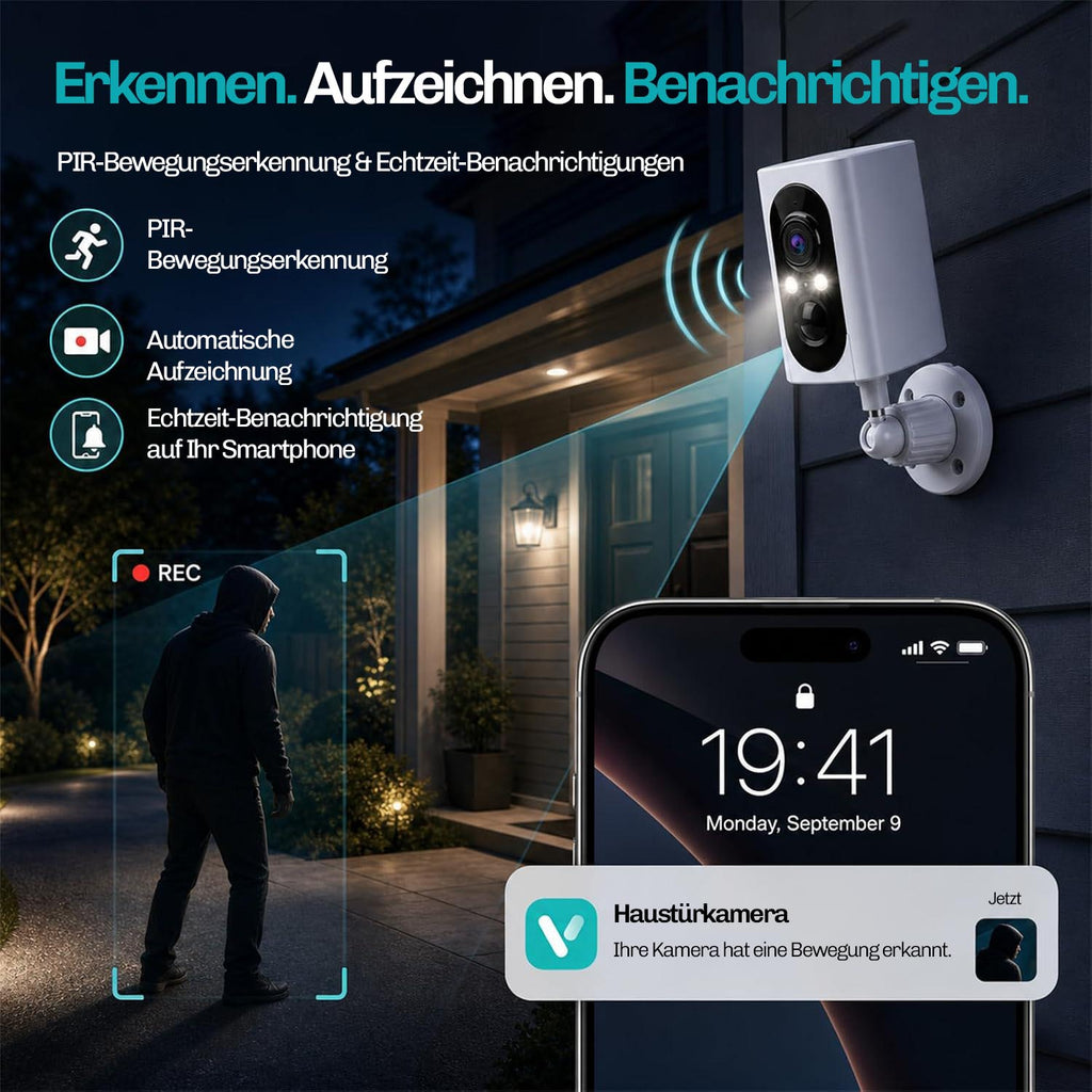Lock Force Kamera mit PIR-Bewegungserkennung, Aufzeichnung und Echtzeit-Benachrichtigung bei Nacht
