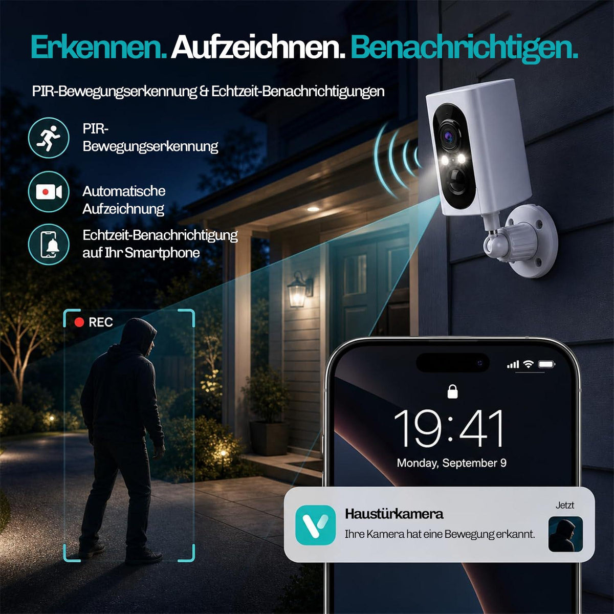 Lock Force Kamera mit PIR-Bewegungserkennung, Aufzeichnung und Echtzeit-Benachrichtigung bei Nacht