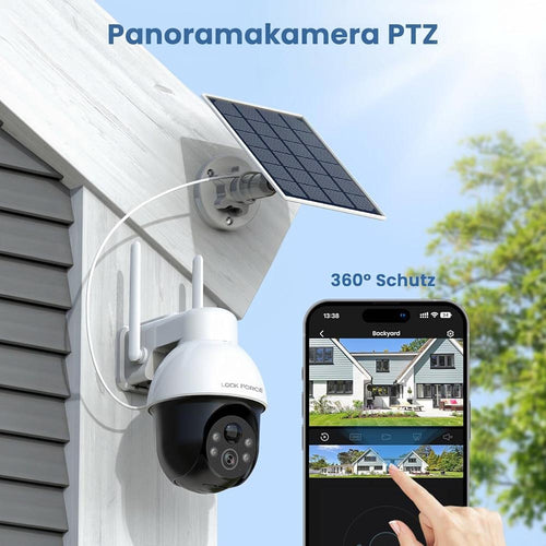 Lock Force Solarkamera an Hauswand montiert mit 360-Grad-Live-Ansicht in der Smartphone-App