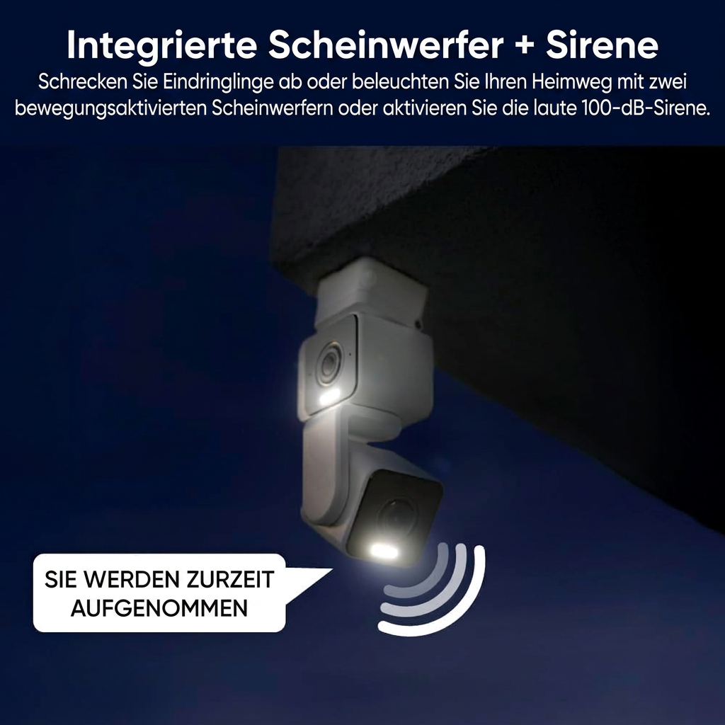 Lock Force Duo Cam Pan mit integriertem Scheinwerfer und 100-dB-Sirene bei Nacht