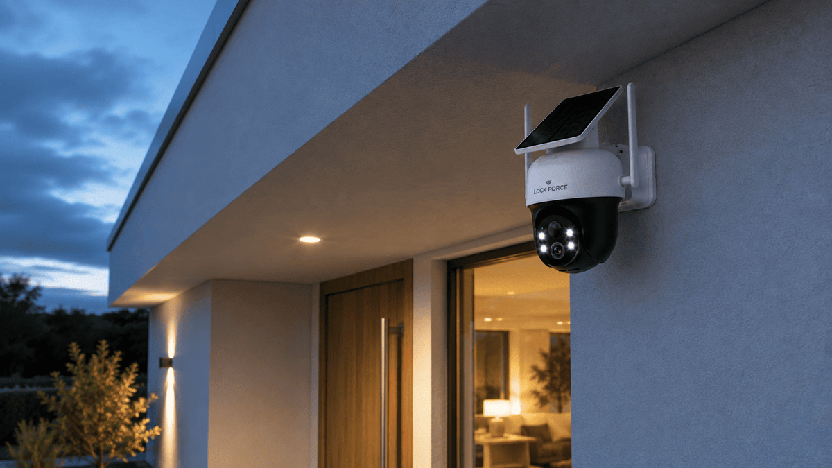 Lock Force Überwachungskamera mit Solarpanel an der Außenwand eines modernen Hauses, Nachtaufnahme mit aktivierten LED-Nachtsichtlichtern