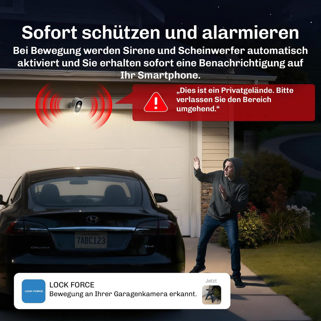 Lock Force SolarCam Lite löst bei Bewegung Sirene, Scheinwerfer und Smartphone-Benachrichtigung aus