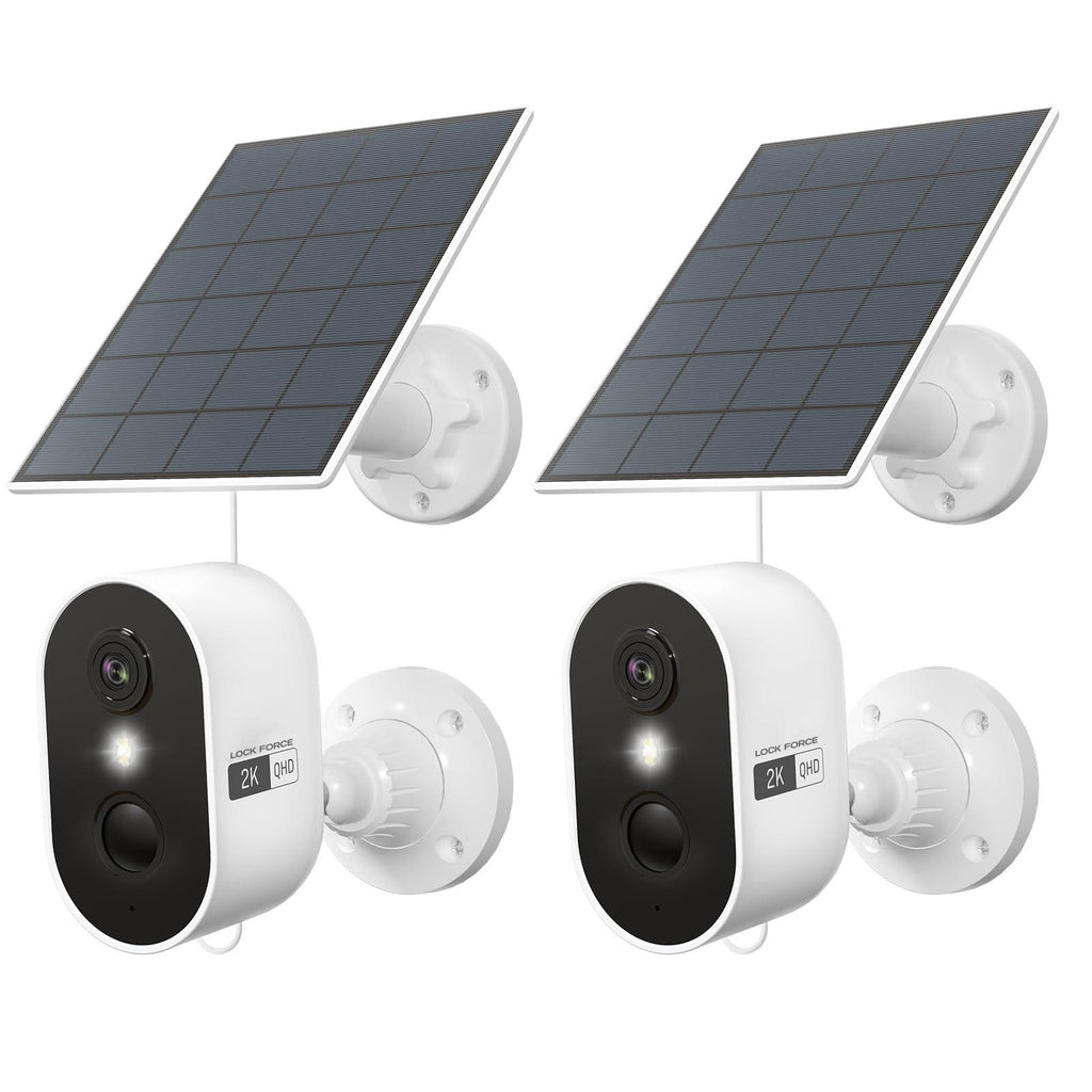 Zwei Lock Force SolarCam Lite Kameras mit jeweils eigenem Solarpanel und Wandhalterung