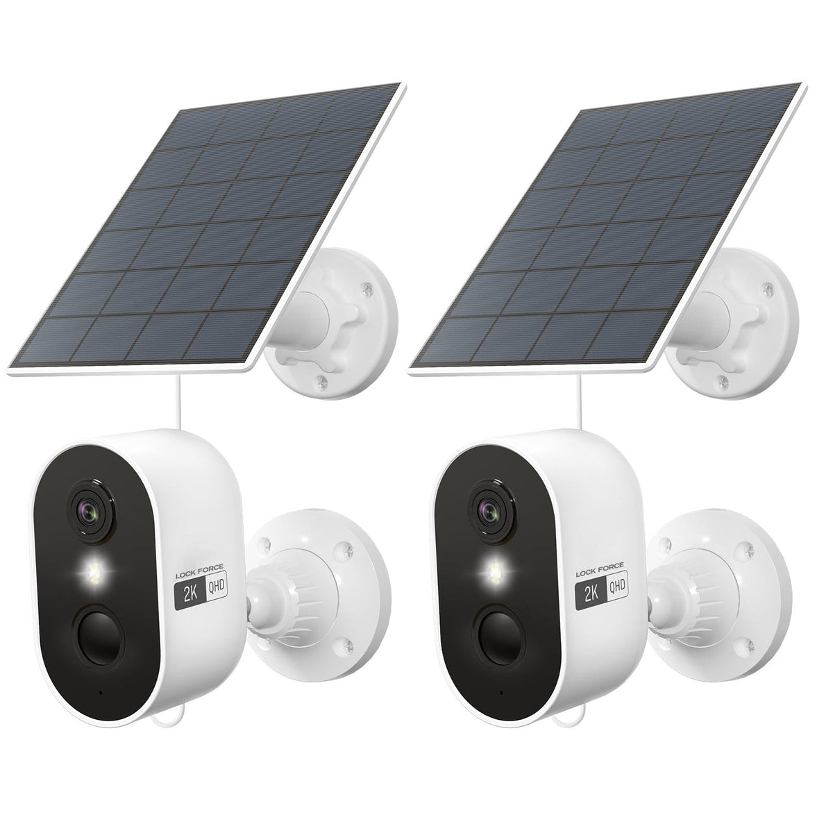 Zwei Lock Force SolarCam Lite Kameras mit jeweils eigenem Solarpanel und Wandhalterung