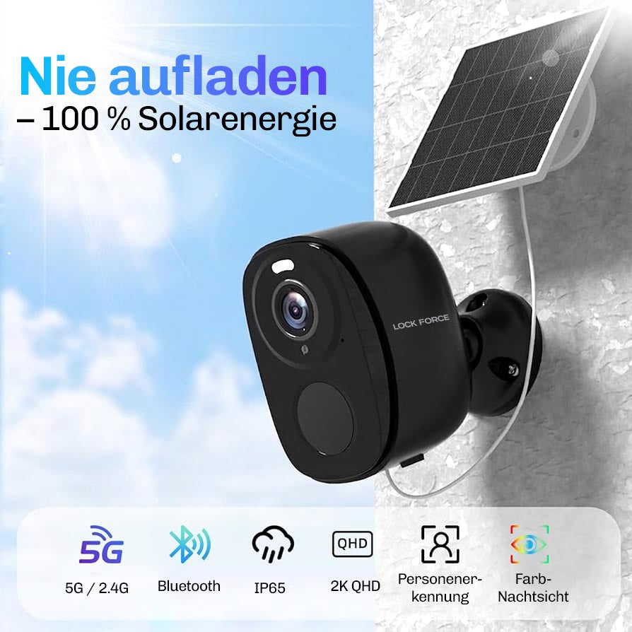 Lock Force Solar Cam mit Solarpanel, 5G, Bluetooth, IP65, 2K QHD und Farbnachtsicht