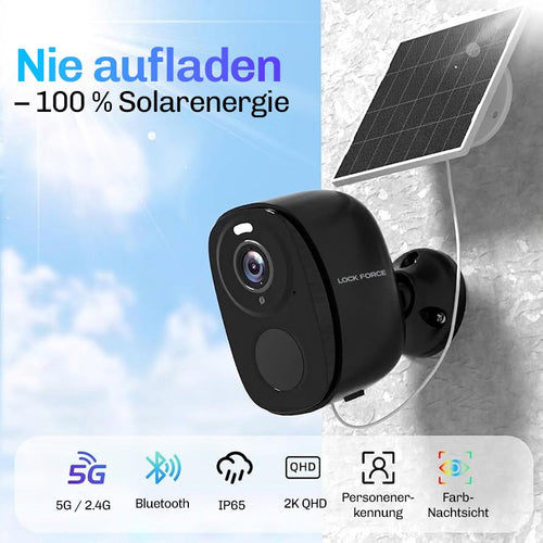 Lock Force Solar Cam mit Solarpanel, 5G, Bluetooth, IP65, 2K QHD und Farbnachtsicht