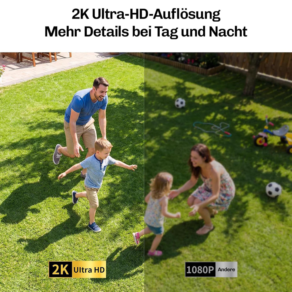 Lock Force Solar Cam Vergleich 2K Ultra-HD-Auflösung mit 1080p im Garten bei Tag