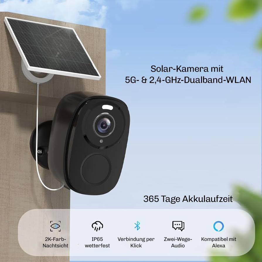 Lock Force Solar Cam mit Solarpanel, 5G- und 2,4-GHz-Dualband-WLAN, 365 Tage Akkulaufzeit