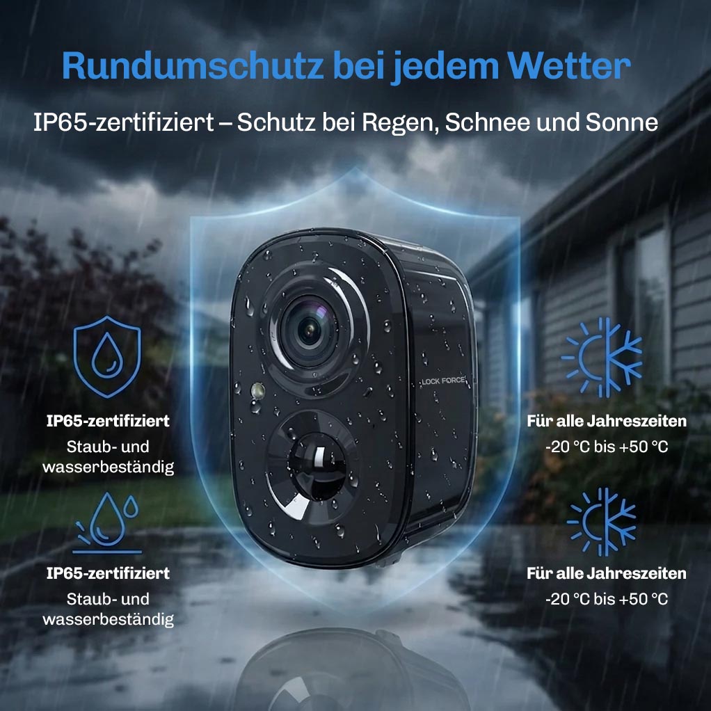 Lock Force Solar Cam IP65-zertifiziert, wetterfest bei Regen, Schnee und Sonne von -20°C bis +50°C