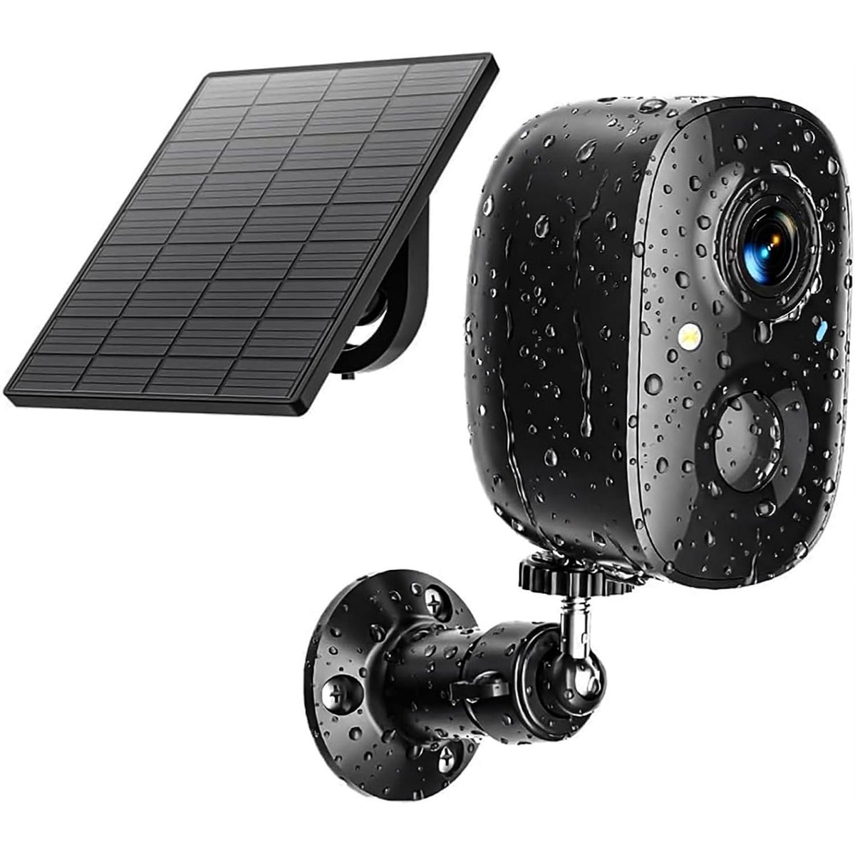 Lock Force Solar Cam mit Solarpanel, Wandhalterung und Linse bei Regen im Detail