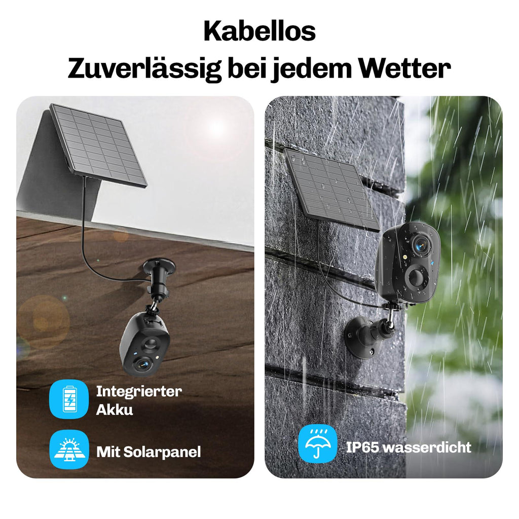 Lock Force Solar Cam mit Solarpanel, integriertem Akku und IP65-Wetterschutz bei Regen