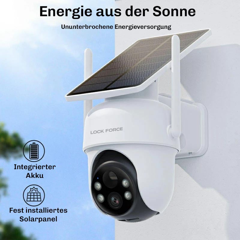 Nahaufnahme	Lock Force Überwachungskamera mit Solarpanel, Nachtsicht-LEDs und Objektiv im Detail