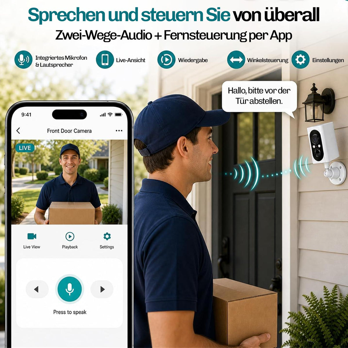 Lock Force Kamera Zwei-Wege-Audio und Fernsteuerung per App mit Paketboten an der Haustür